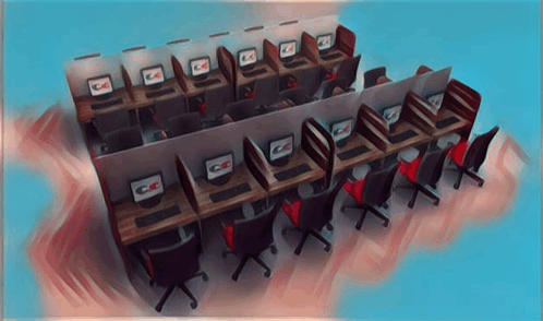 a row of computer cubicles with the letters cc on the screens