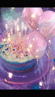 a birthday cake with pink balloons and candles on it