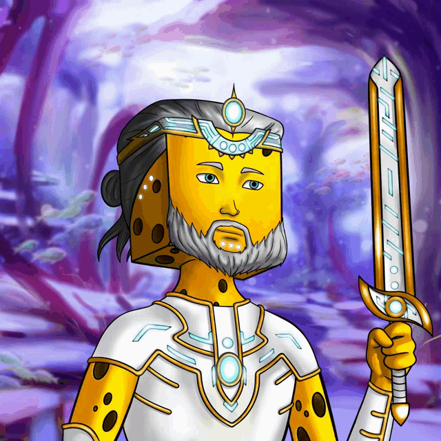 a cartoon drawing of a man with a sword and a crown