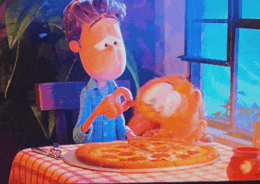 a cartoon character eating a slice of pizza with a stuffed animal