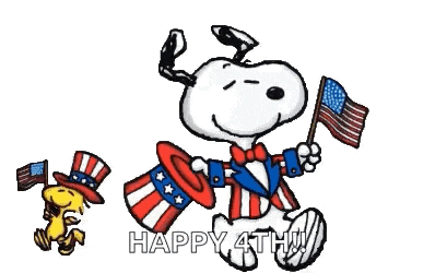 snoopy and woodstock are wearing patriotic hats and holding american flags on a red background .