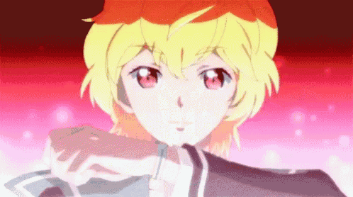 a close up of a person 's face with yellow hair and red eyes against a pink background .