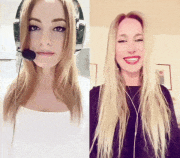 a woman wearing headphones and a microphone smiles for the camera