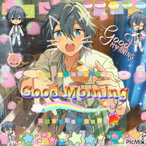 a picture of a boy holding a donut with the words good morning written on it