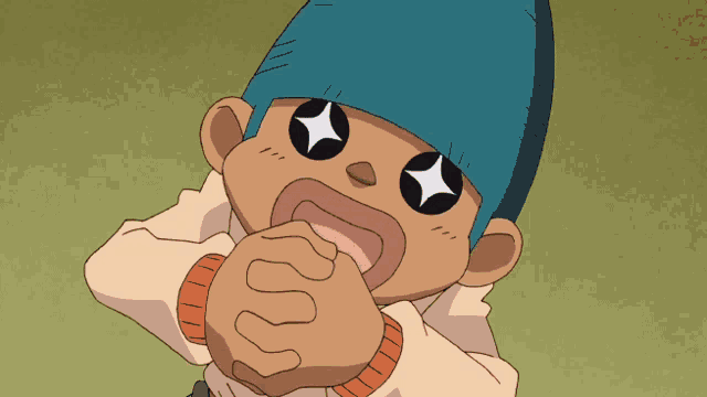 a cartoon character wearing a blue hat has a star on his eyes