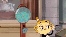 a cartoon character is standing next to a gumball machine holding a cup of coffee .