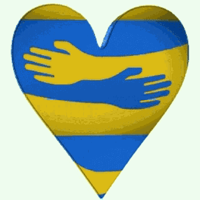 a blue and yellow heart with two hands on it