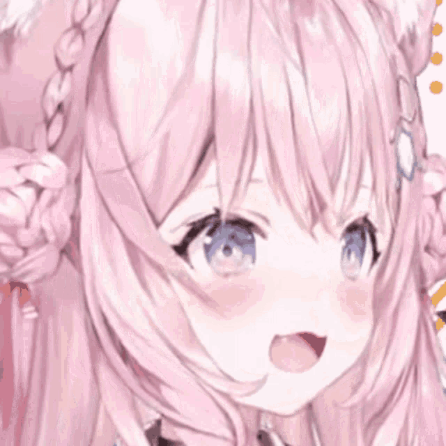 a close up of a pink haired anime girl with purple eyes .