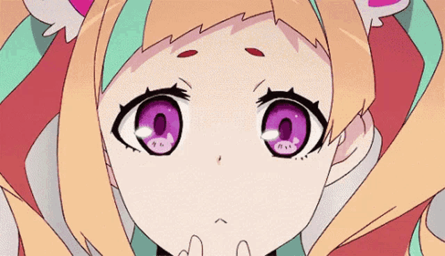a close up of a girl with purple eyes