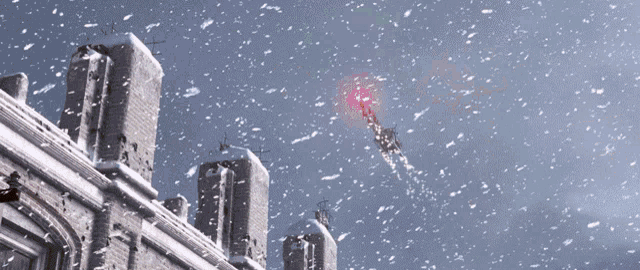 a snowy scene with a sleigh flying through the air