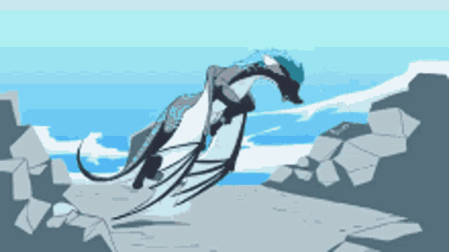 a drawing of a dragon flying over a rocky cliff