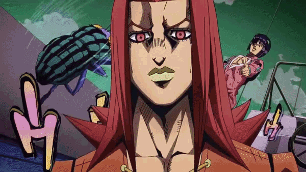 a cartoon character with red hair and a yellow lip
