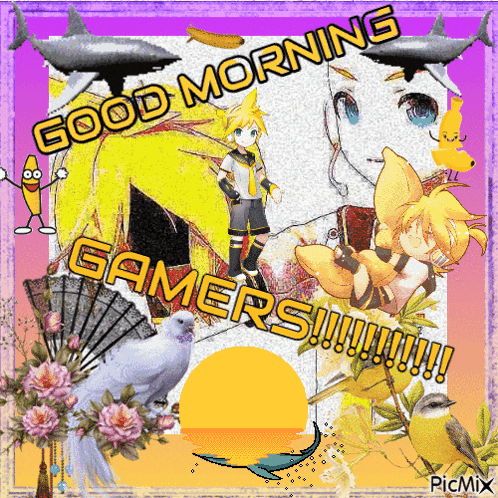 a good morning gamers greeting card with sharks flowers and birds