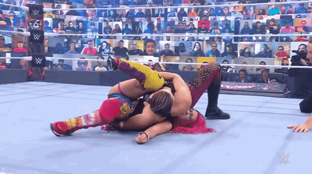 two women are wrestling in a wrestling ring with a w logo in the background .