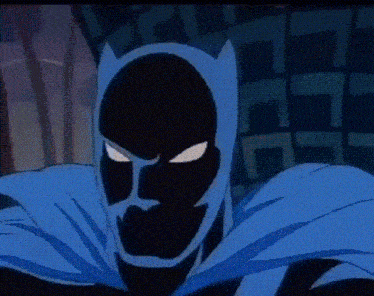 a close up of a cartoon character with a blue cape
