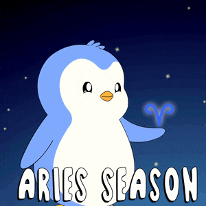 a blue and white penguin with the words " aries season " on the bottom