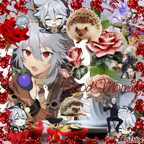 a collage of anime characters and hedgehogs with the words good morning on the bottom