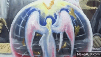 a painting of an angel surrounded by a globe with the words makeagif.com below it
