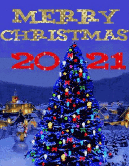 a merry christmas 2021 greeting card with a christmas tree