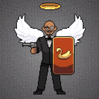 a pixel art illustration of a man with wings holding a gun and a shield with a swan on it