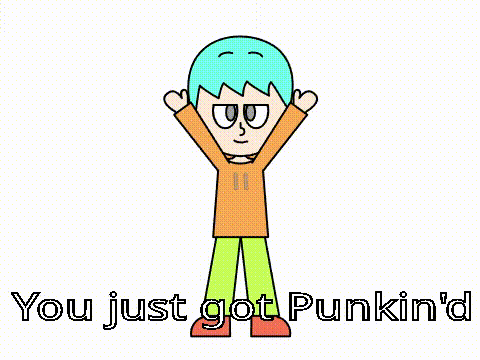 a cartoon boy with blue hair is dancing and saying `` you just got punking '' .