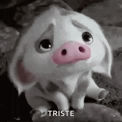 a cartoon pig with a sad look on its face is sitting down .