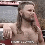 a shirtless man with a mullet and a beard is standing next to a red truck .