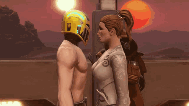 a man in a yellow helmet stands next to a woman