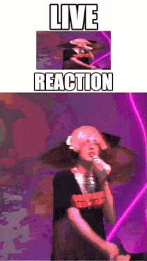 a man singing into a microphone with the words live reaction written above him
