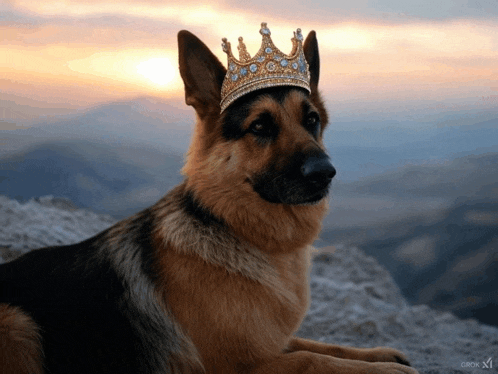 a german shepherd wearing a gold crown on top of a rock