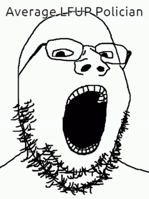 a black and white drawing of a man with glasses and a beard with the words average lfur polician above him