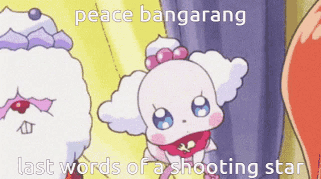 a cartoon character with the words peace banglarang last words of a shooting star on it