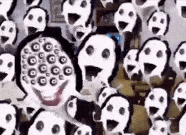 a group of ghosts are standing in a room with their mouths open and looking at the camera .