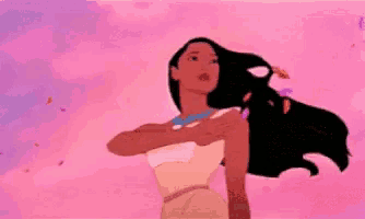 pocahontas from disney princess is standing in front of a pink sky with feathers flying around her .