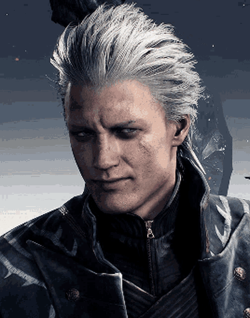 a close up of a man 's face with white hair and a black jacket
