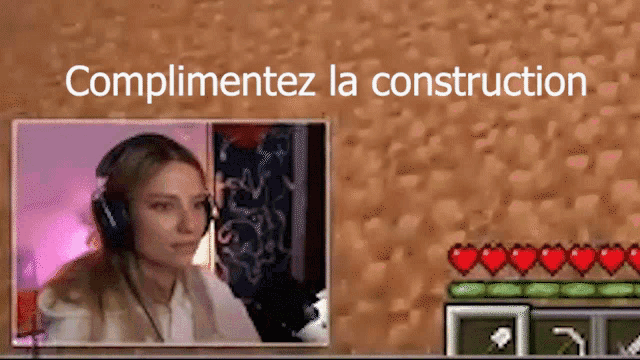 a woman wearing headphones is playing a video game and the words complimentez la construction are above her .