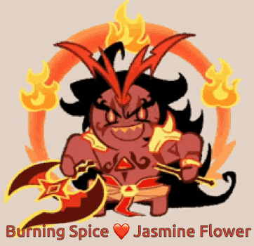a cartoon drawing of a demon with the words burning spice jasmine flower below him