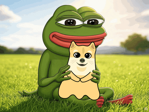 a frog and a dog are sitting in a grassy field