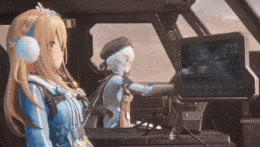 two anime girls are in a cockpit of a plane