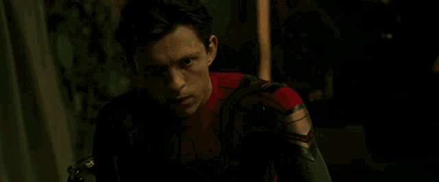 a man in a spiderman suit looks at the camera