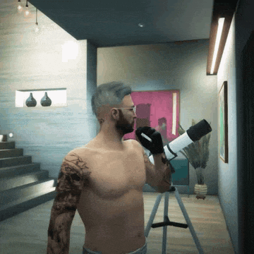 a shirtless man looking through a telescope in a room