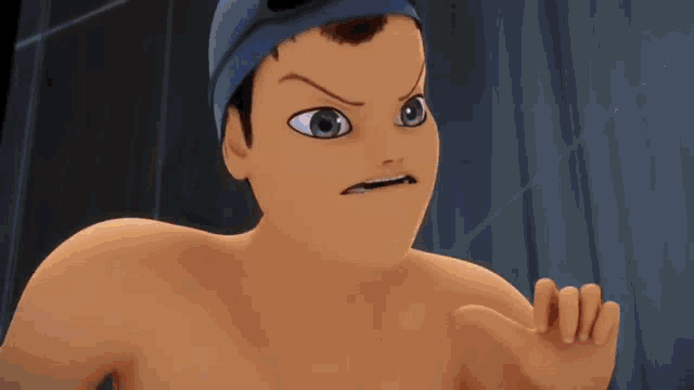 a cartoon character without a shirt is wearing a swim cap and making an angry face .