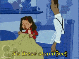 a cartoon of a man standing next to a girl in bed with the words `` it 's these stupid bees '' .