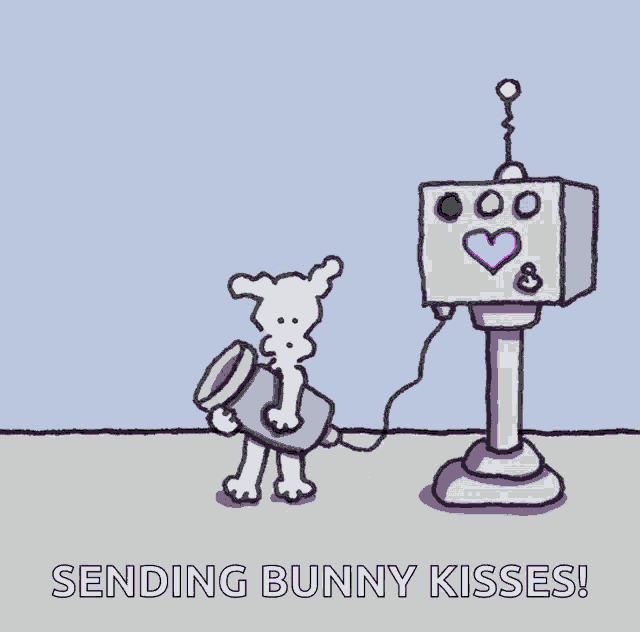 a cartoon of a robot sending bunny kisses to a bunny