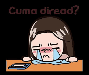 a cartoon girl is crying while sitting at a table with a cell phone .