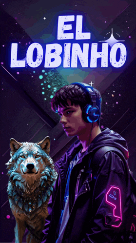 a man wearing headphones stands next to a wolf with the words el lobinho behind him