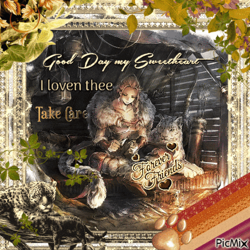 a picture of a woman with a wolf says good day my sweetheart