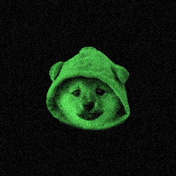 a dog wearing a green hoodie with a bear head on a black background .
