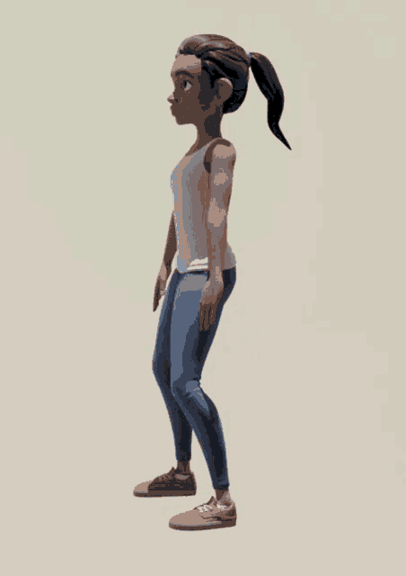 a cartoon girl in a white tank top and blue jeans squatting