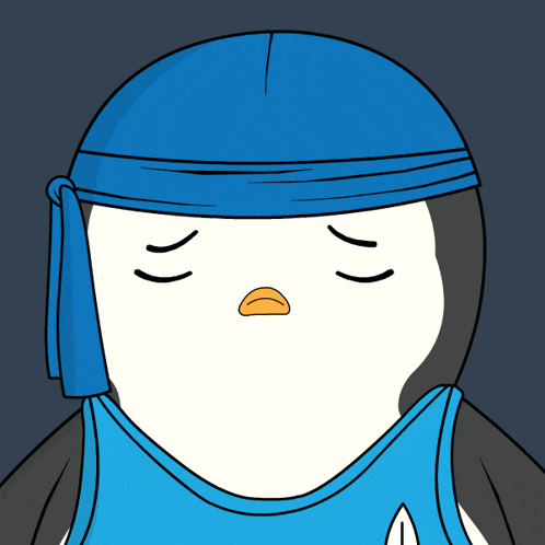 a cartoon penguin wearing a blue headband and a blue tank top